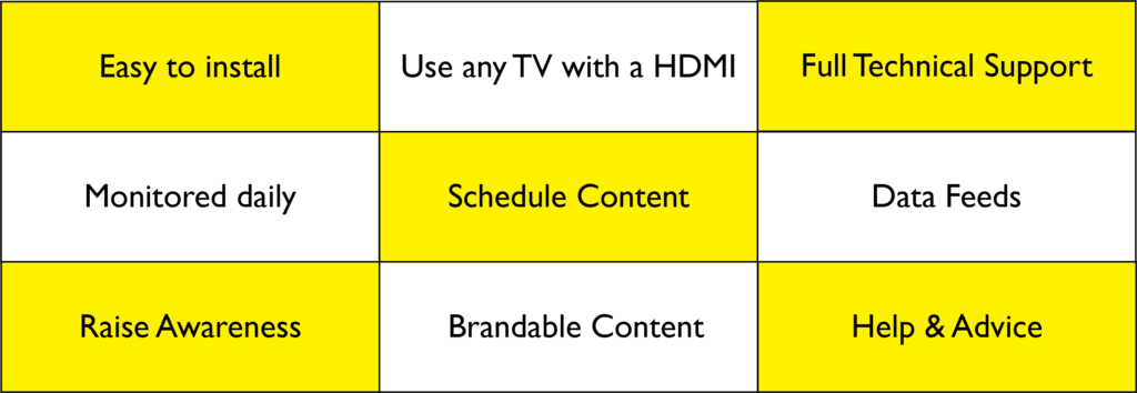 Easy to Install. Use any TV with a HDMI. Full Technical Support. Monitored Daily. Scheduled Content. Data Feeds. Raise Awareness. Brandable Content. Help and Advice.